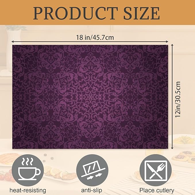 Purple Placemats Set of 6,Eggplant Color Mandala Floral Design Place Mats, Washable Heat Resistant 12×18 Inch Linen Table Mats for Kitchen Dining, Boho Home Decor