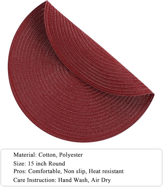 SHACOS Round Placemats Set of 12 for Dining Table 15 inch Round Braided Place Mats Cotton Polyester Washable Non Slip Kitchen Table Mats, Burgundy
