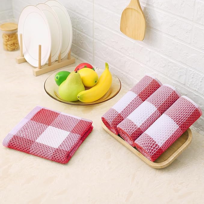 Homaxy Kitchen Towels and Dishcloths Set, 12 x 12 and 13 x 28 Inches, Set of 8 Bulk Cotton Waffle Weave Check Plaid Kitchen Towels, Super Soft and Absorbent Dish Towel, White & Red