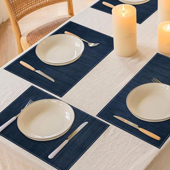 Niviy Dark Blue Placemats Set of 6, 12x18 Inch Washable Easy to Clean Heat-Resistant Anti-Skid Navy Blue Placemats for Holiday Party Kitchen Dining Room Decoration
