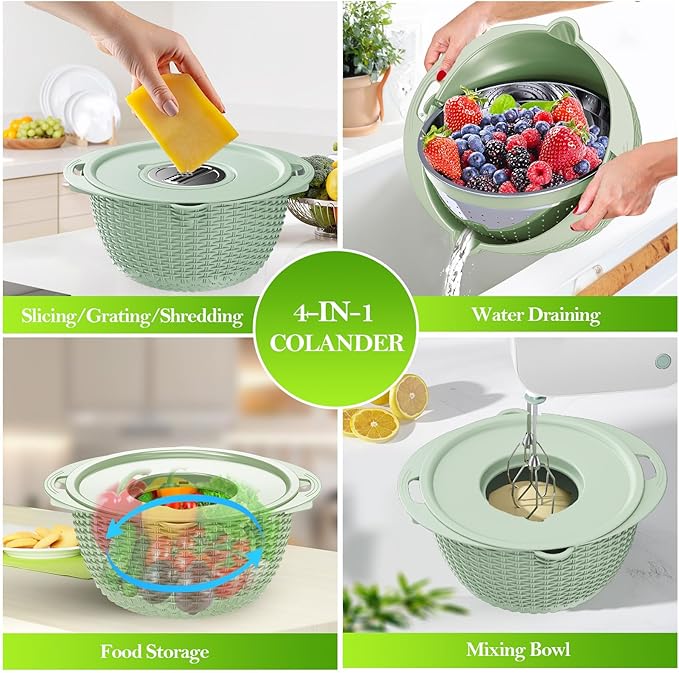 4 in 1 Colander with Bowl Set, Food Strainers and Colanders, Colander for Kitchen, Pasta Strainer, Fruit Washing Bowl, Kitchen Essentials Strainer Basket Bowl, Green, Christmas & New Year Gifts