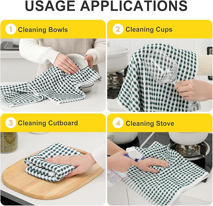 SALAS Cotton Dish Towels Cloths for Kitchen Drying Dishes, Lattice Terry Towels, Highly Absorbent Kitchen Cloths with Hanging Loop, 16‘’ x 26‘’, 8 Packs, Green