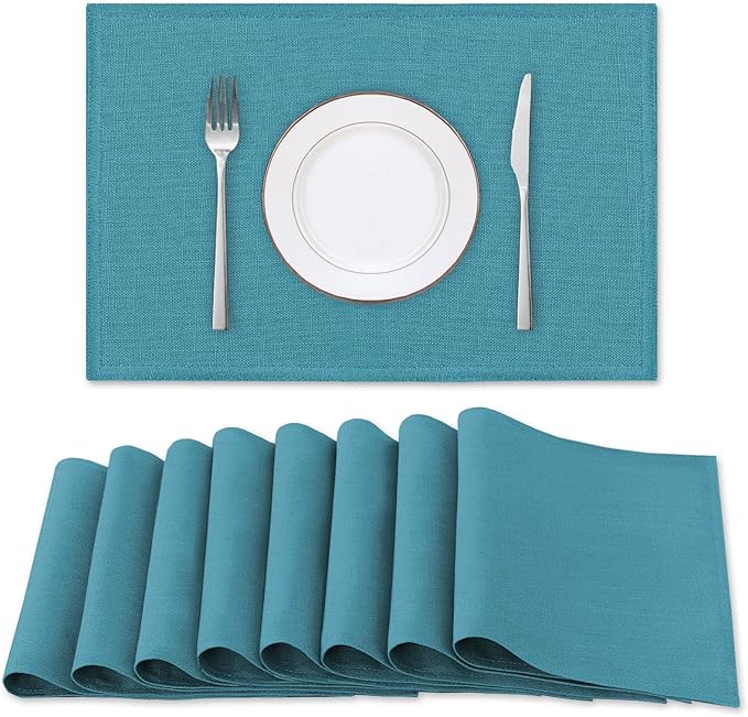H.VERSAILTEX Linen Placemats Set of 8 Premium Solid Table Mats for Dining Table Spill-Proof Waterproof Heat-Resistant Kitchen Mats, Washable, 12x18 inches, Teal