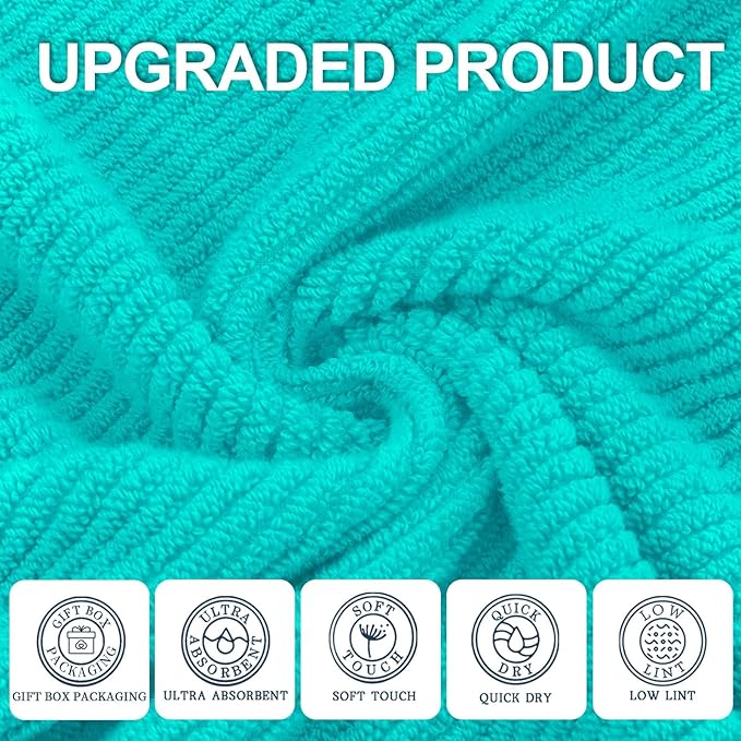 Turquoise Bath Towel with Hanging Loop - 100% Cotton, Soft, Quick Dry, Lightweight, Towel Set of 6, 2 Large Bath 30"x56", 2 Thick Hand 18"x28", 2 Absorb Washcloths 13"x13", Luxury Gift Set