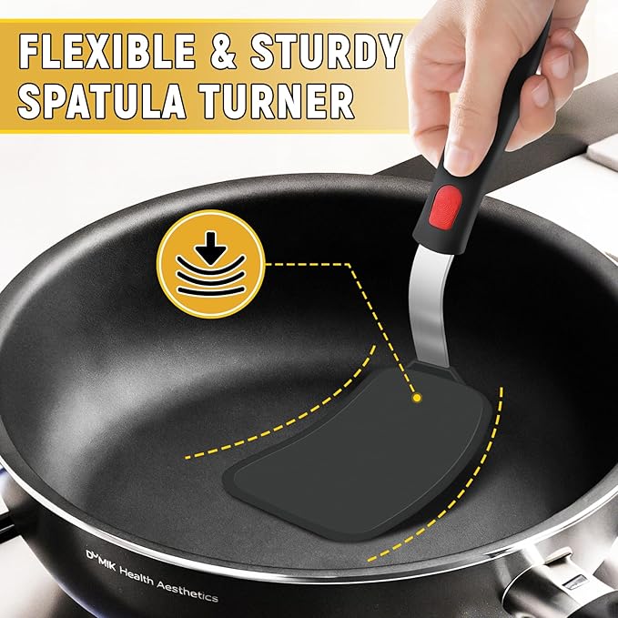 Flexible Silicone Spatula Turner, Heat Resistant Silicone Turner for Non-Stick Cookware, BPA-Free Food Grade Kitchen Spatula Utensils, Ideal for Flipping Eggs, Burgers, Pancakes, 11.8 x 2.4 in, Black
