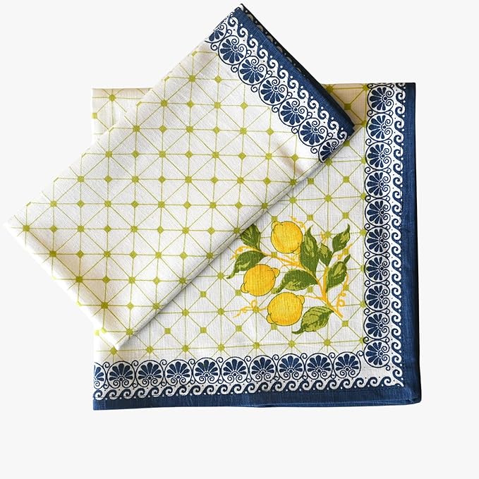 FINGERCRAFT Cloth Napkins, Set of 4 Cotton Linen Blend Printed Dinner Napkins Cloth Mitered Corner Perfect for Parties Dinners Weddings Cocktail Christmas Easter 20x20 Lemon Leaf