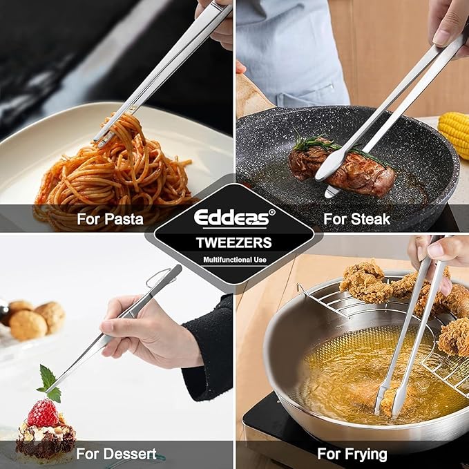 Eddeas Tongs For Cooking - Heat Resistant 600 Degrees, All Metal Kitchen Tweezers Tongs, Heavy Duty Stainless Steel Cooking for Food, Grill, BBQ, Dishwasher safe Set of 4 (12" & 9in)