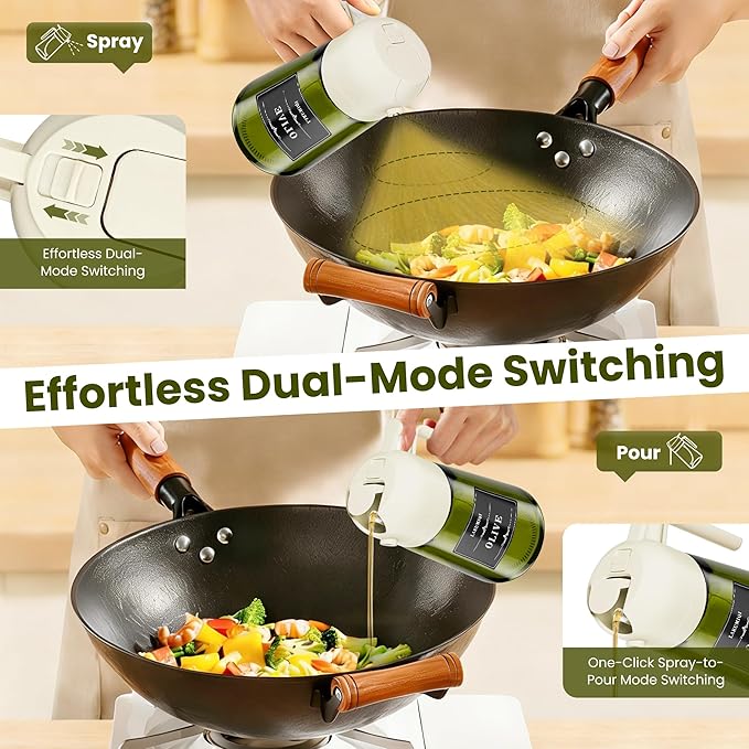 LAKUMIQI 2 in 1 Oil Sprayer for Cooking, 16oz Olive Oil Dispenser Bottle for Kitchen, Food Grade Light-Blocking Leak Proof Glass Spray Bottle for Salad, Air Fryer, BBQ