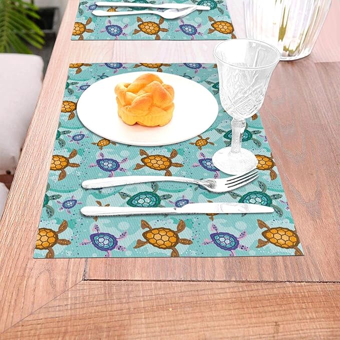 Cute Sea Turtle Placemats Set of 4, Washable Non-Slip Heat-Resistant Ocean Themed Decorative Kitchen Table Mats for Dining Outdoor Party Home Decor 12"x18" Teal Nautical Linen Place Mats