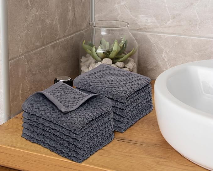 COTTON CRAFT Euro Spa Waffle Wash Cloth - Set of 12 Luxury Pure Ringspun Cotton Waffle Weave Bathroom Face Towel - Everyday Absorbent Hotel Gym Shower Beach Kitchen Travel Dorm - 12x12 inches - Grey
