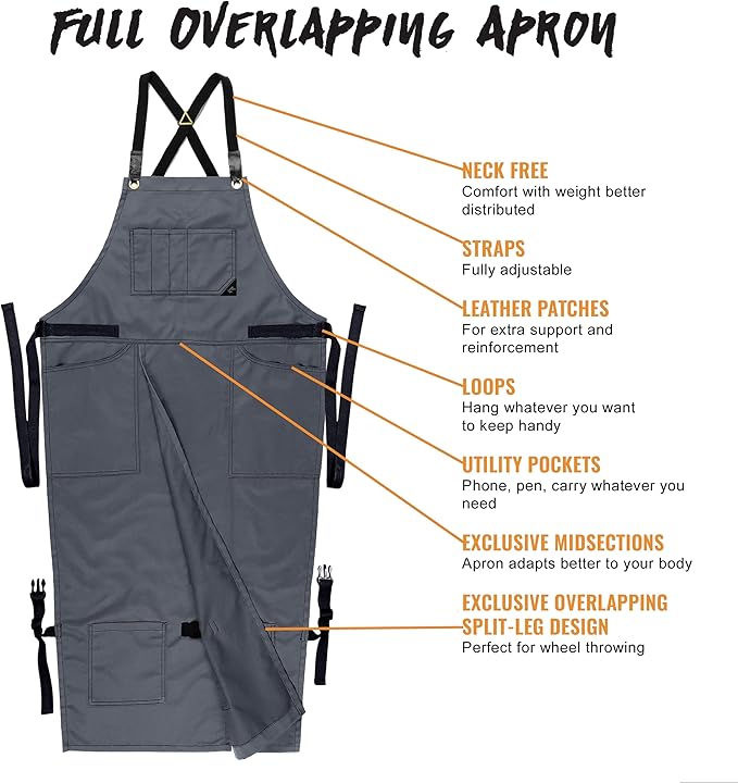 Under NY Sky Pottery Gray Apron - Full Cover Cross-Back, Professional Twill, Leather Reinforcement, Overlapping Split-Leg - Adjustable for Men, Women - Pottery Artist, Ceramics