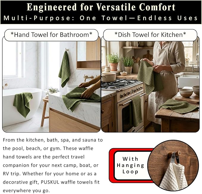 PÜSKÜL Natural 100% Turkish Cotton Waffle Kitchen Towels Set of 3 | Oeko-Tex, Premium Waffle Hand Towels for Bathroom | Soft Absorbent Quick-Dry Lint-Free Dish Towel Large 32x16 inch (3, Khaki Green)