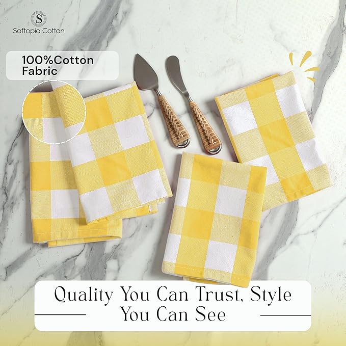 Lemon Yellow Buffalo Plaid Cloth Napkins (Set of 4), 16"x16", Checkered Fabric - Soft, Durable, Reusable Cotton Napkins for Weddings, Dinner Parties, Restaurants, Spring Easter Decor