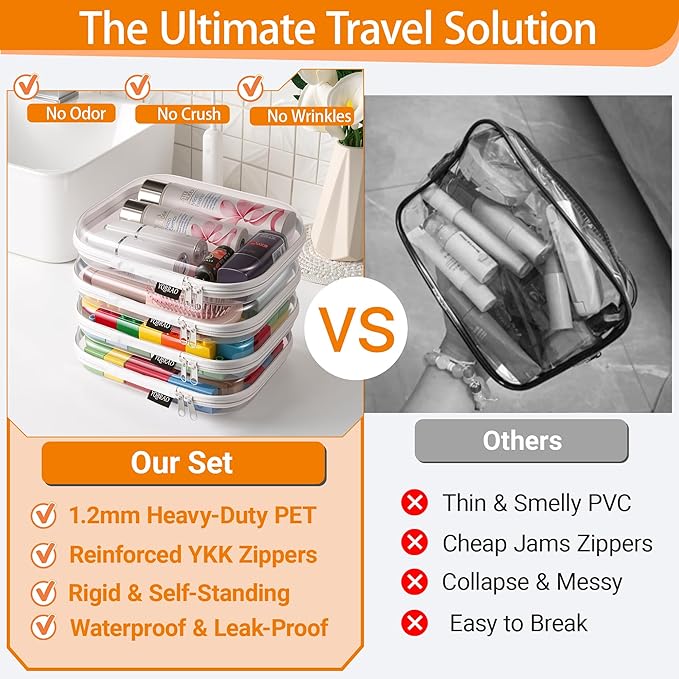 YQBRAO Hard Sided Clear Zipper Case for Storage- Professional-Grade Plastic Clear Zipper Pencil Case,Toy Storage Bins, Toiletry Pouch, Travel Organizer, Cosmetic Bag（White,2 Pack, M）