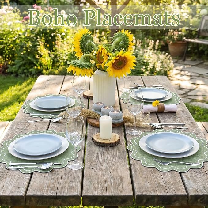 Set of 12 Cotton Linen Placemats, 15x15 Scalloped Flower Embroidery Cloth Table Mat Double Layered Fabric Washable Wrinkle Free Dining Placemat for Restaurant Kitchen Decor (Green with Silver)