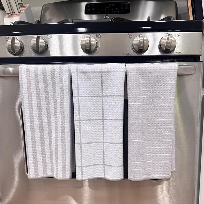 HALL & PERRY Kitchen Tea Towel, Ultra Soft, Quick Dry Microfiber Dish Cloths - 18"x30" Premium Quality Waffle Towel - Stripes and Plaid, Taupe (1, Cambria)