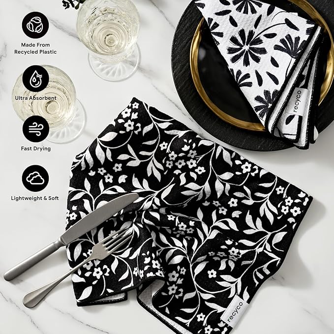 RECYCO Waffle Kitchen Towel Set of 2 - Quick Dry Microfiber Sustainable Dish Towels - Ultra Absorbent Reusable Cleaning Tea Towels - Lightweight Hand Towels,16”x 28”, Black & White Florals
