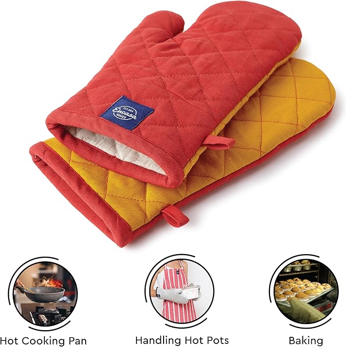 Encasa XO Heat Resistant Cotton Oven Gloves Mitts (2 Pc Set) - Quilted & Safe 12x6.6 in - for Kitchen, Cooking & Baking, Grilling, Handling Hot Pots & Pans - Mango