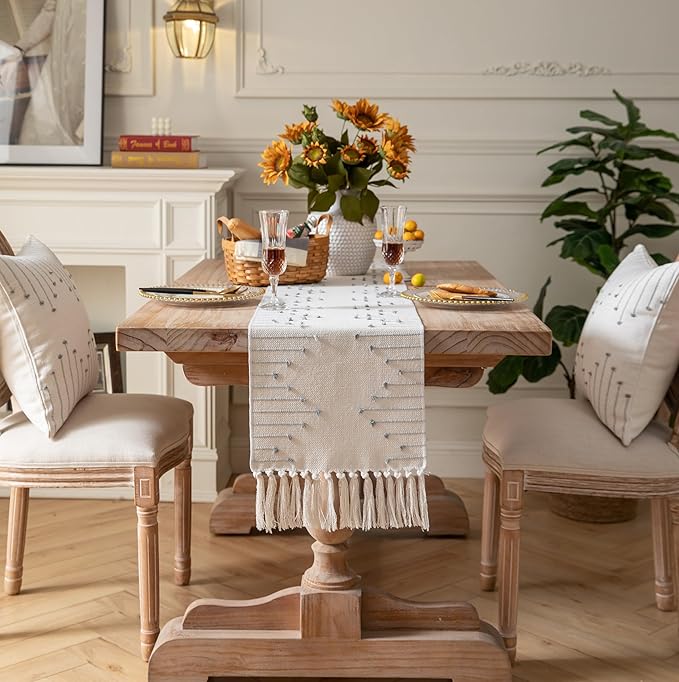 Boho Table Runner 13 x 108 Inch Long Natural Cotton Woven Runner with Tassels for Home Dining Table décor, for Modern Farmhouse Decor Coffee Table Runner, Grey and Beige