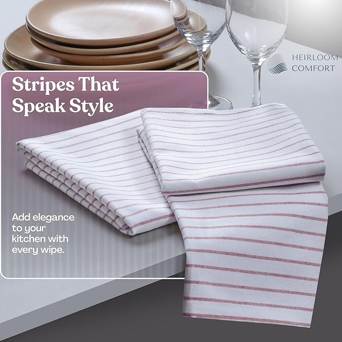 Burgundy Striped Kitchen Dish Towels (12-Pack), Quick Dry, Ultra Absorbent & Durable, 100% Cotton Classic Stripe Towels for Drying Dishes, Wiping, and Daily Kitchen Cleanup