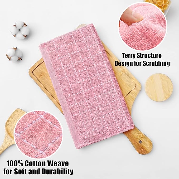 Homaxy 100% Cotton Terry Kitchen Dish Cloths, Ultra Soft and Absorbent Dish Towels for Kitchen, Suitable for Drying and Washing Dishes, 18 Pack, 12 x 12 Inches, Pink
