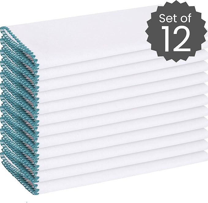 Cotton Clinic Cloth Napkins with Trim - Everyday Use Table Dinner Napkins - Soft Durable Washable - Ideal for Dinner Party Wedding Christmas Easter - Set of 12-20x20 inches Teal White Napkins