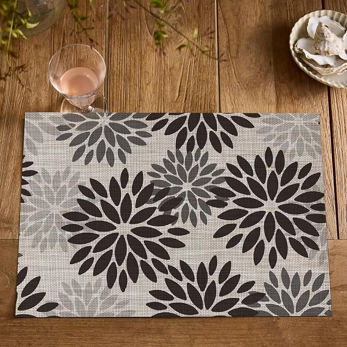 Artoid Mode Floral Vinyl Halloween Placemats Set of 4, Heat Resistant Washable Non-Slip Plastic PVC Place Mats for Party Kitchen Dining Decor, Black