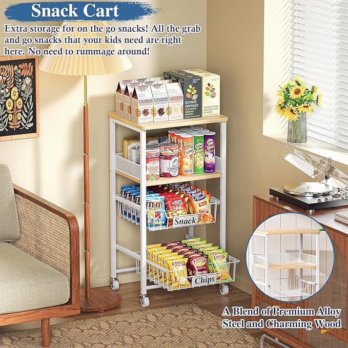OKZEST 4 Tier Rolling Cart with Drawer Baskets, Metal Utility Storage Cart with Wheels and Wood Top for Living Room, Kitchen, Home Office, Bedroom, Pantry, Baby Essential, Craft, Snack, Makeup, White