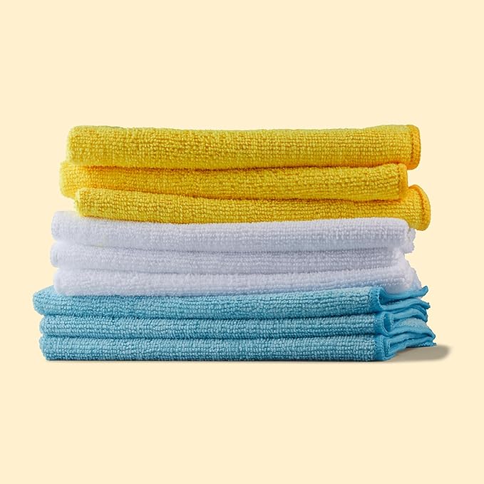 Amazon Basics Microfiber Cleaning Cloths for Cars, Non-Abrasive, Highly Absorbent, Lint and Scratch-Free, Reusable and Washable, Car Detailing Towels, 16" x 12", Blue/White/Yellow, 144-Pack