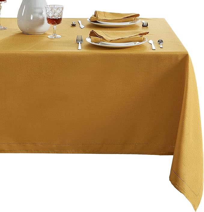 Elrene Home Fashions Alison Eyelet Border Design Wrinkle Resistant Fabric Tablecloth, 52"x70" Rectangle, Golden Yellow