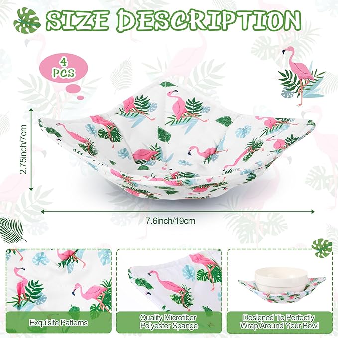 Cunhill 4 Pcs Cotton Microwave Bowl Cozy Holders for Hot Food Hot Pads Soup Bowl Potholders Heat Resistant Multipurpose Quilted Safe Holders for Kitchen Plate Supply(Soft Pink,Flame Bird)