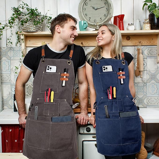 Work Aprons for Men Women with 9 Pockets Chef Apron 14oz Cotton Canvas Cross Back Aprons Heavy Duty Apron Gray Tool Apron for Woodworkers Kitchen Cooking Apron Waterproof Apron Size M to XXL