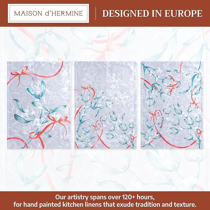 Maison d' Hermine Kitchen Towels Set of 3 100% Cotton 20" x 27.5" Reusable Cloth Tea Dish Towels Absorbent with Hanging Loop for Kitchen Dining Thanksgiving Christmas Decorations (Enora)