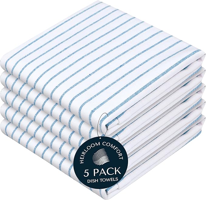 Turquiose Blue Stripe Kitchen Towels, 5 Pack, 100% Cotton, Super Absorbent and Quick Dry, Classic Striped Towel Set, Durable Dish Cloths for Kitchen Use, Cleaning & Drying Dishes