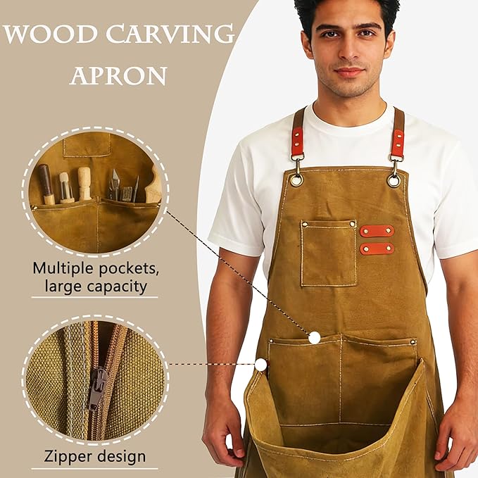 DAFENCHI Wood Carving Apron with Chip Catcher, Canvas Whittling Apron, Woodworking Apron with Large Pouch for Catching Wood Chips, Adjustable Straps, for Woodworkers, Gift for Men