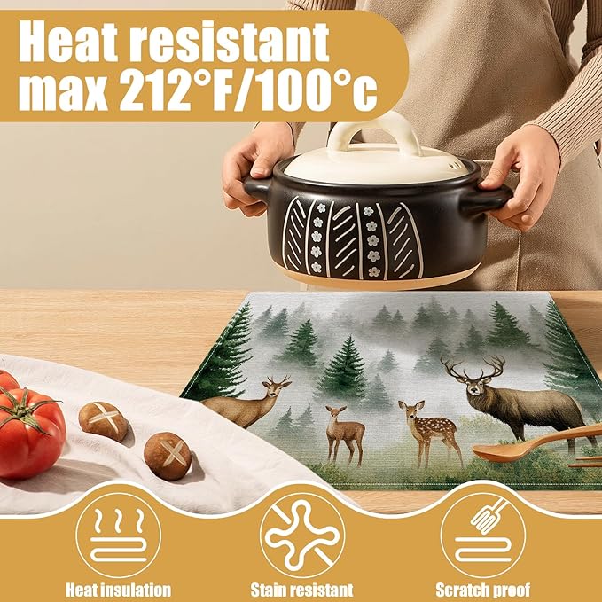 Misty Forest Deer Placemats Set of 6, Watercolor Tree Linen Place Mat Washable Stain Resistant Table Mats for Kitchen Dining Holiday Party 12x18 Inch
