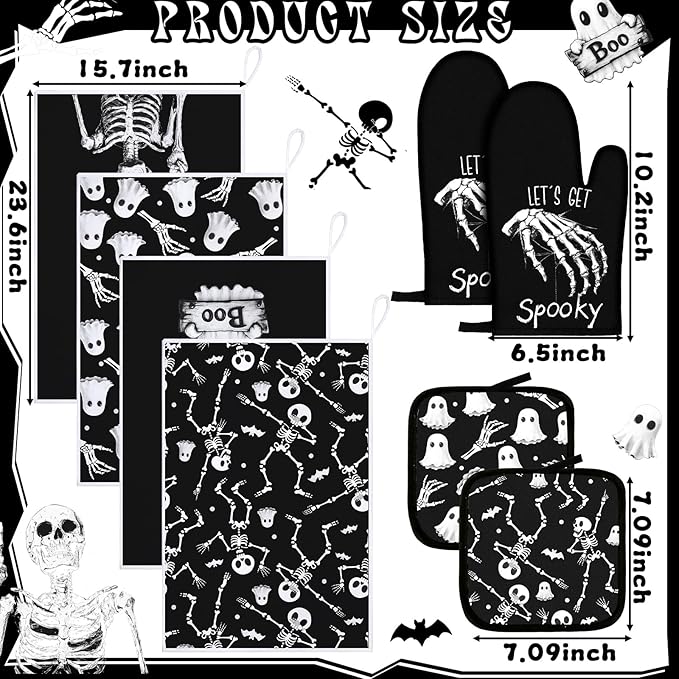 Leinuosen 8 Pcs Skull Kitchen Decor Set Kitchen Towels Gothic Oven Mitts and Pot Holders Skeleton Hand Dish Towels Horror Oven Mitts for Home Decoration Party Gifts (Vintage Color,Ghost)