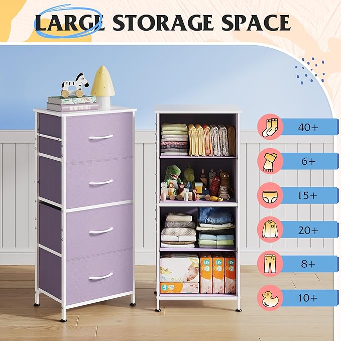 WLIVE Dresser with 4 Drawers, Storage Tower, Organizer Unit, Fabric Dresser for Bedroom, Hallway, Entryway, Closets, Sturdy Steel Frame, Wood Top, Easy Pull Handle, Purple