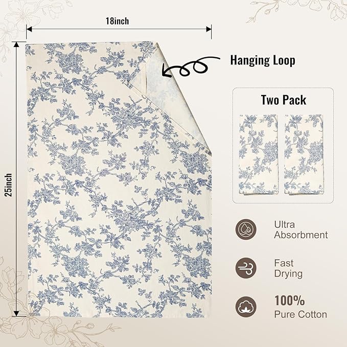 100% Cotton French Pastoral Kitchen Towels Set of 2, Decorative Flour Sack Tea Towels with Hanging Loop 18x25 Inch Absorbent Dish Cloths Farmhouse Home Decor, Blue