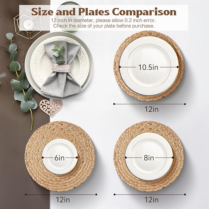 Aofmee 12 inch Round Woven Placemats Set of 10, Boho Rattan Place Mats, Natural Water Hyacinth Table Placemats, Farmhouse Weave Table Mats, Rustic Braided Wicker Charger Plates for Dining Table Decor