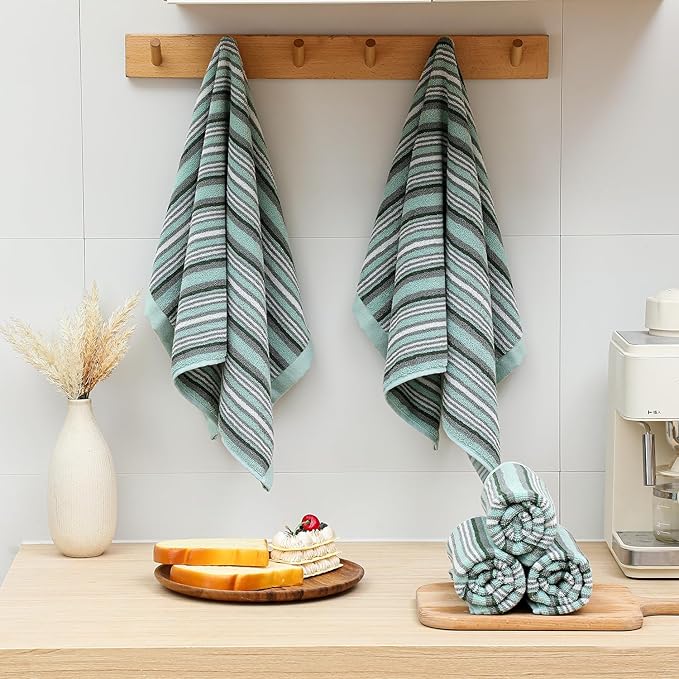 SALAS Premium Cotton Kitchen Dish Towels for Drying Dishes,Large Long Hand Towels, Thick Highly Absorbent Dish Cloth Towel Sets with Hanging Loop, 16" X 26", 6 Pcs,Green
