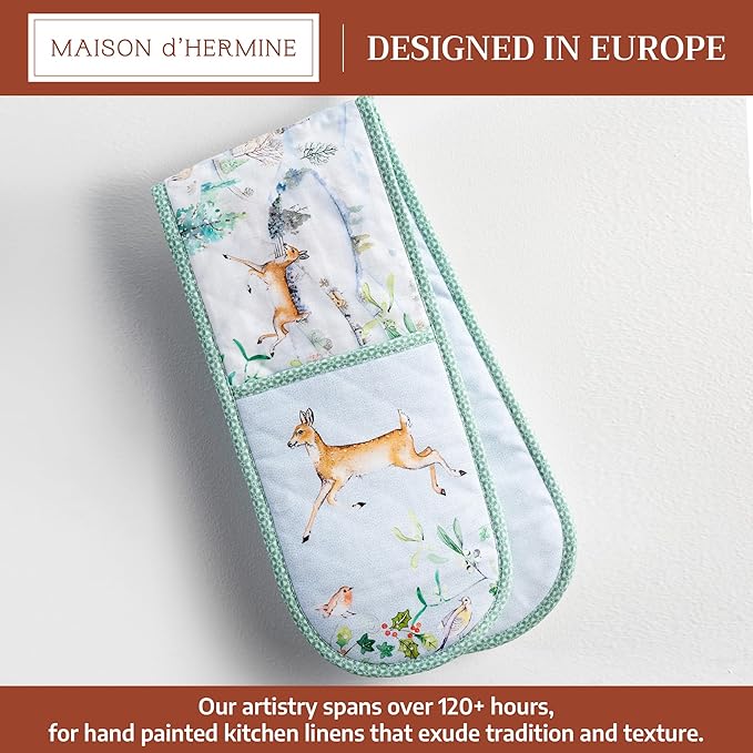 Maison d' Hermine Double Oven Mitt (7" x 35") 100% Cotton Heat Resistant BBQ Cooking Gloves with Loop for Thanksgiving Christmas Decorations Baking Cooking Barbeque Handling Hot Pan (Snowy World)