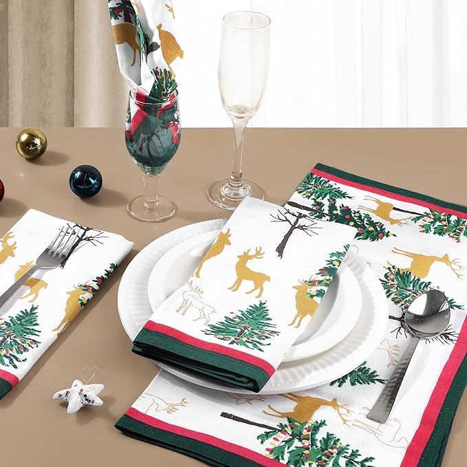 FINGERCRAFT Cloth Napkins, Set of 4 Cotton Linen Blend Printed Dinner Napkins Cloth Mitered Corner Perfect for Parties Dinners Christmas 20x20 Jingle