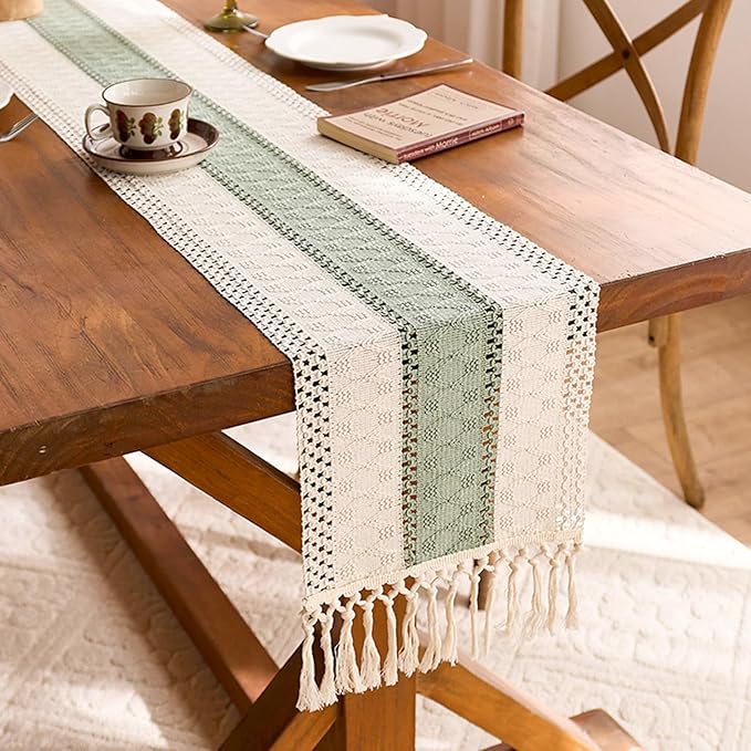 Niviy Sage Green Table Runner 120 Inches Long with Tassels, Seasonal Spring Summer Washable Embroidered Striped Braided Green and Beige Boho Table Runners for Holiday Party 12 x 120 Inches