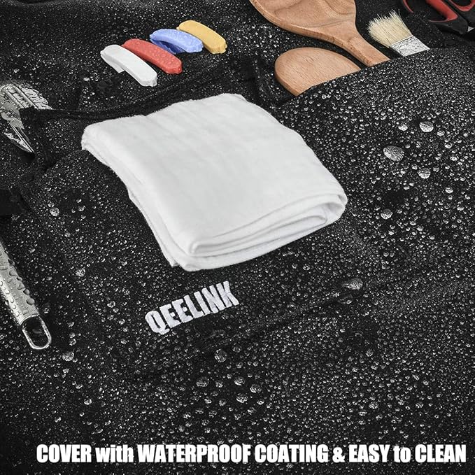 QeeLink Professional Grade Chef Apron for Kitchen, BBQ and Grill with 10 Tool Pockets - Water Resistant Canvas Apron with Quick Release Buckle, Adjustable M to XXXL for Men & Women, Black