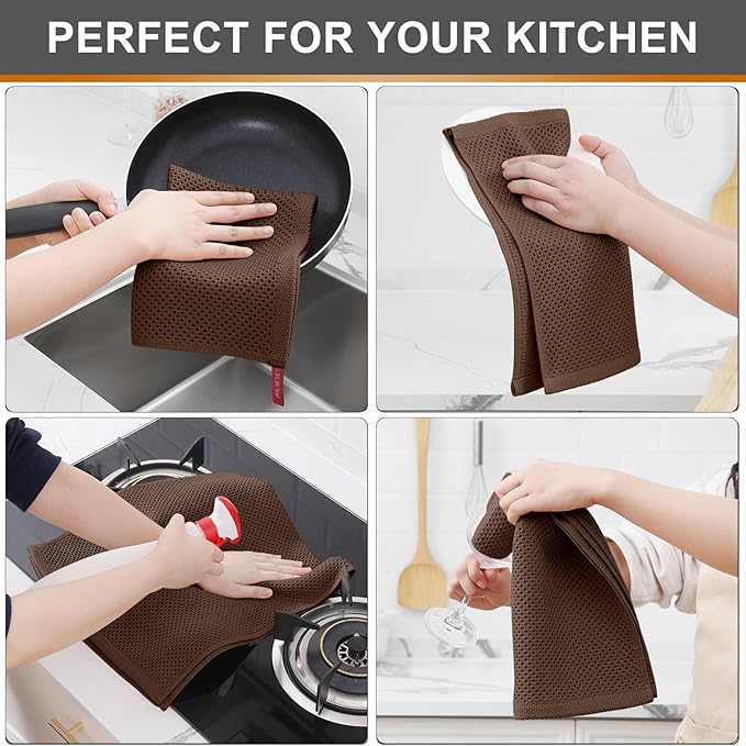 Kitinjoy 100% Cotton Waffle Weave Kitchen Hand Towels (13 X 28 Inches, Coffee), 4-Pack Super Soft and Absorbent Dish Towel for Drying Dishes