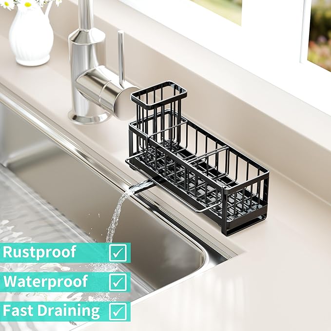 HapiRm Sponge Holder for Kitchen Sink - Self-draining Sink Caddy with Brush and Dishcloth Holders, Stainless Steel Kitchen Organizer for Countertop - Black