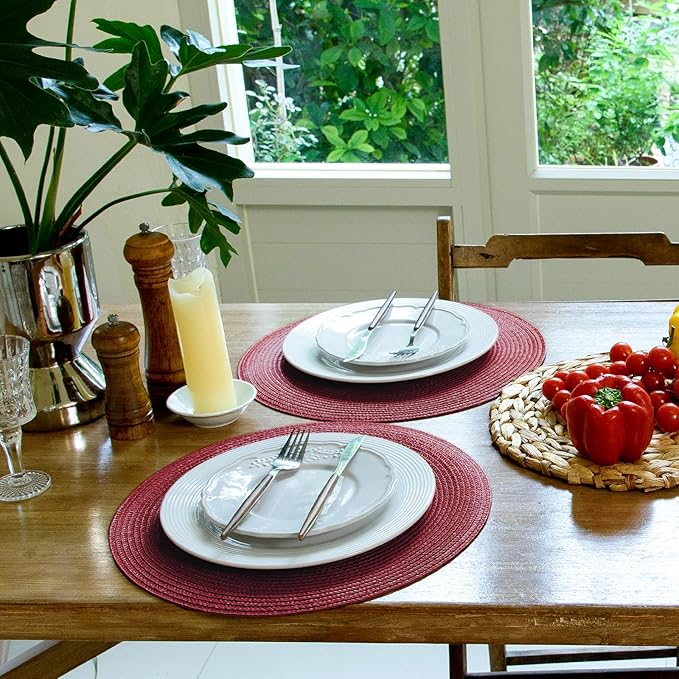 FunWheat Round Braided Placemats Set of 8 Table Mats for Dining Tables Woven Washable Non-Slip Place mats 15 inch(Wine,8pcs)