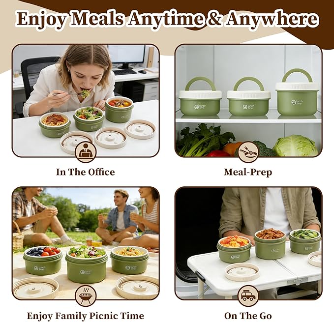 Bento Box Adult Lunch Box Set, 3 Pcs Ceramic Lunch Containers for Adults, 14 Oz+14 Oz+21 Oz Adult Lunchable Containers with Insulated Bag, Leak-Proof, Microwave Safe (Green (Ceramic Liner))
