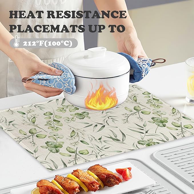 Eucalyptus Leaves Placemats Set of 6 Linen Heat Resistant,Elegant Flower Table Mats Washable Rustic Place Mats Decoration for Home Kitchen Dining Room Party 12x18 Inch